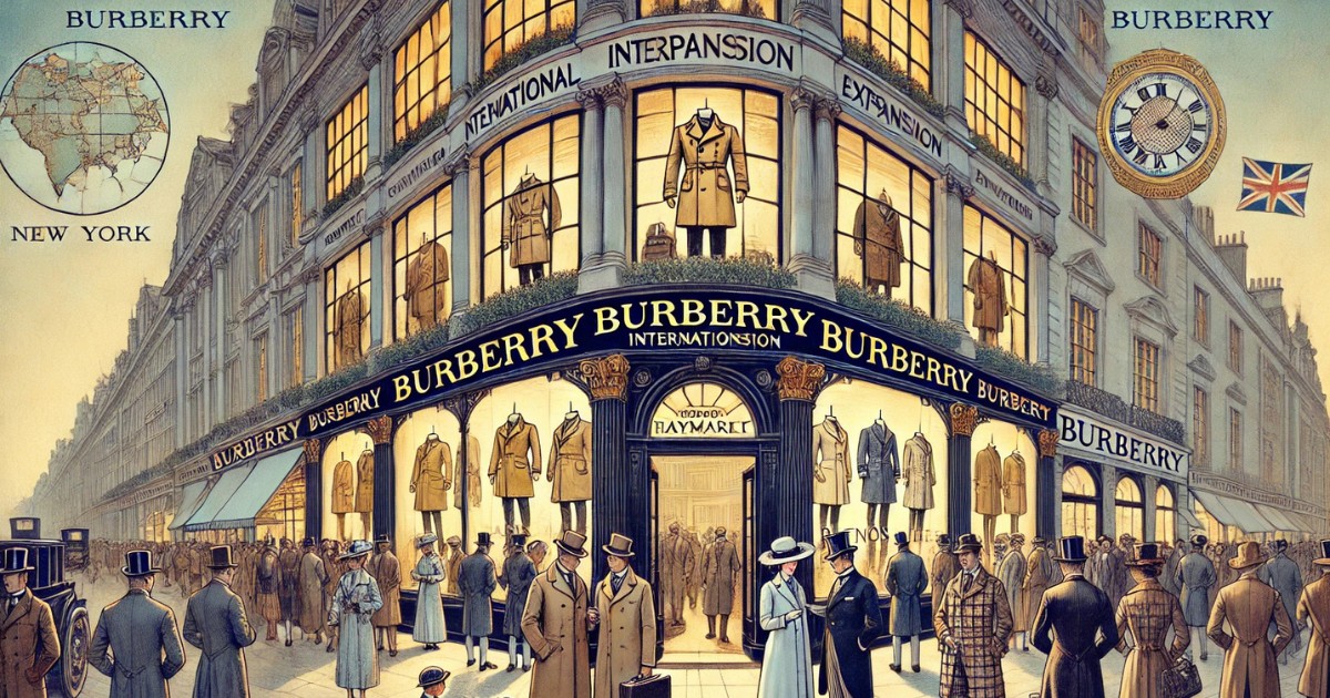 A expansão internacional da Burberry iniciou-se em 1891 com a abertura de uma rede de atacadistas em Paris, seguida por uma loja própria em Haymarket, Londres, em 1892. Esta localização se tornou a sede global da marca por mais de um século.