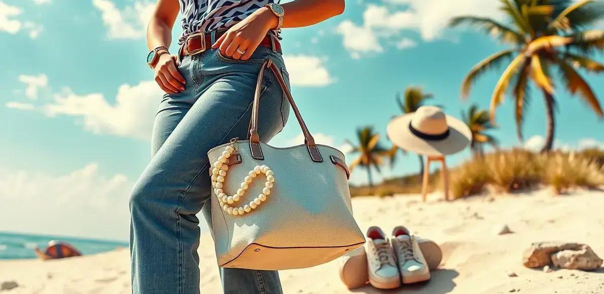 Acessórios que combinam com calça jeans e bolsa Jacquemus praia