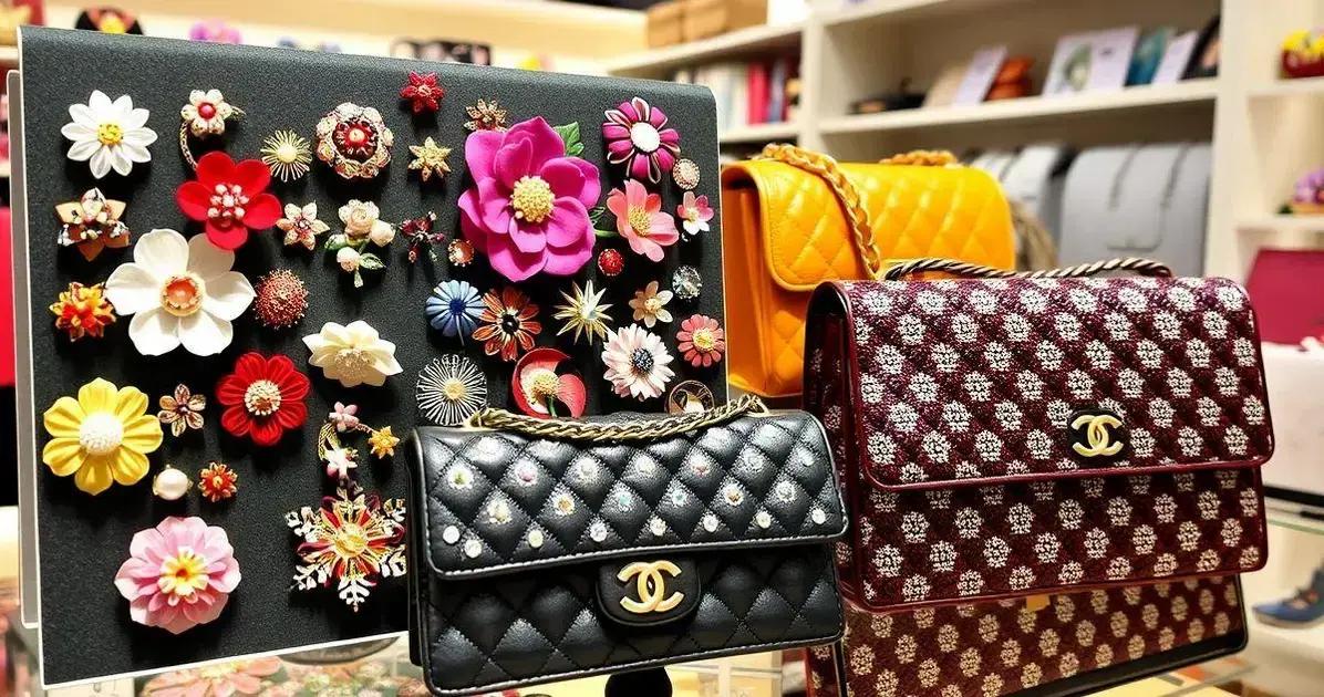 Onde encontrar broches florais e bolsas chanel shinny?