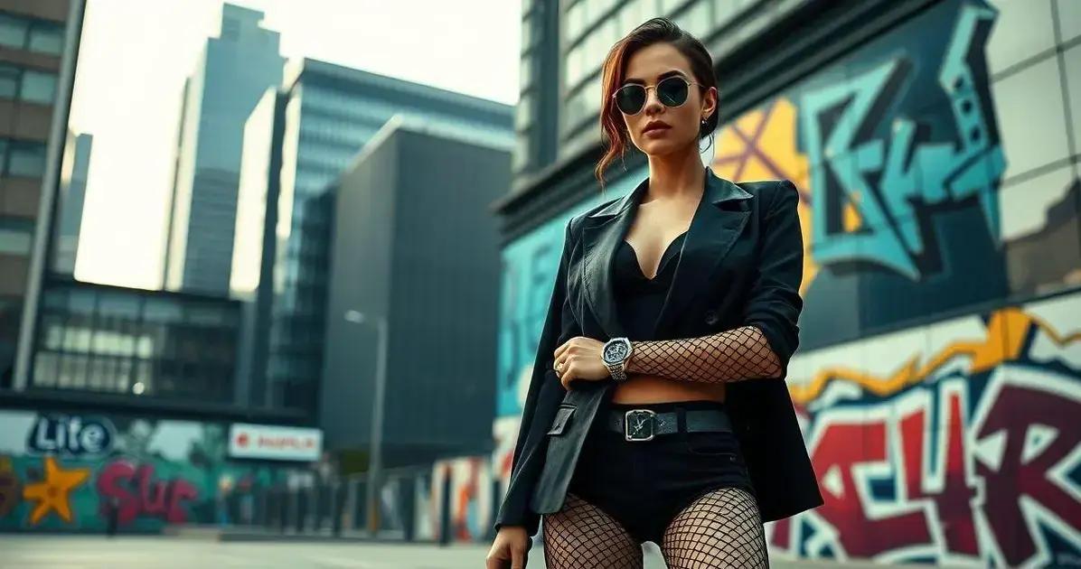 Tendências de moda com meia arrastão e relogio hublot