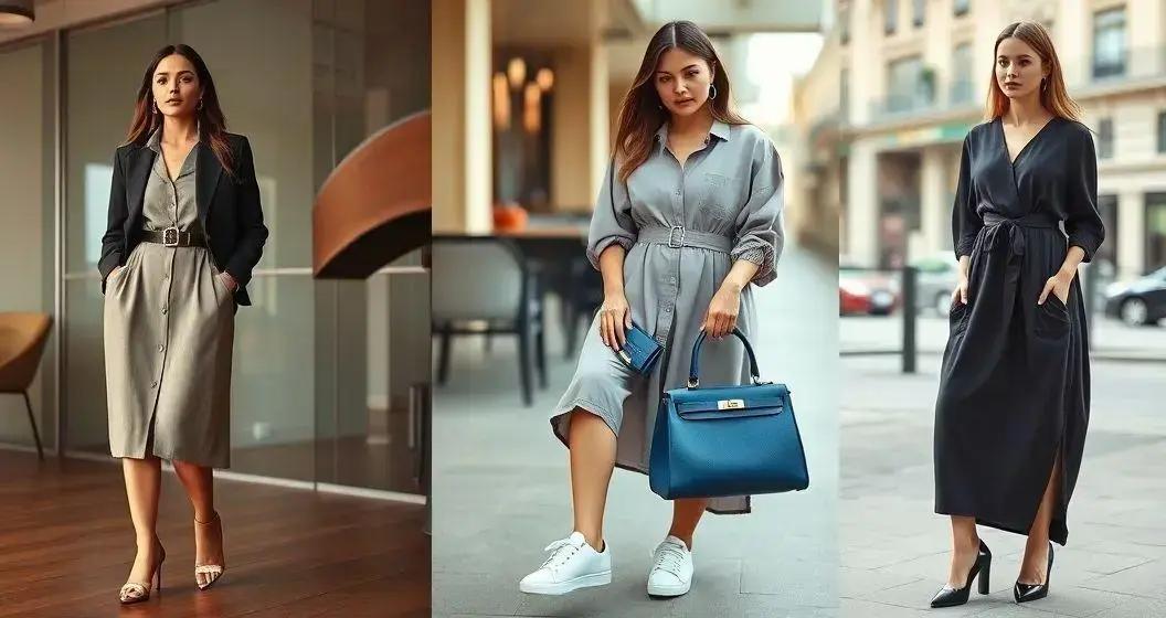 Combinações de looks com vestido chemise casual para o trabalho e lazer <a href="https://madisonbolsas.com.br/produtos/hermes-mini-kelly-ii-epsom-azul-glaciar-elegancia-atemporal/">produtos hermes</a>