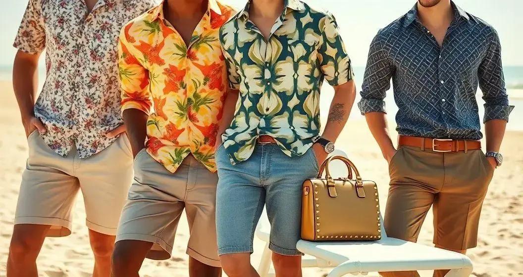 Estampas e cores que valorizam a camisa de praia masculina — combinações e referência valentino rockstud spike lambskin: https://madisonbolsas.com.br/produtos/valentino-rockstud-spike-lambskin-dourada-exclusividade-com-brilho-iconico/