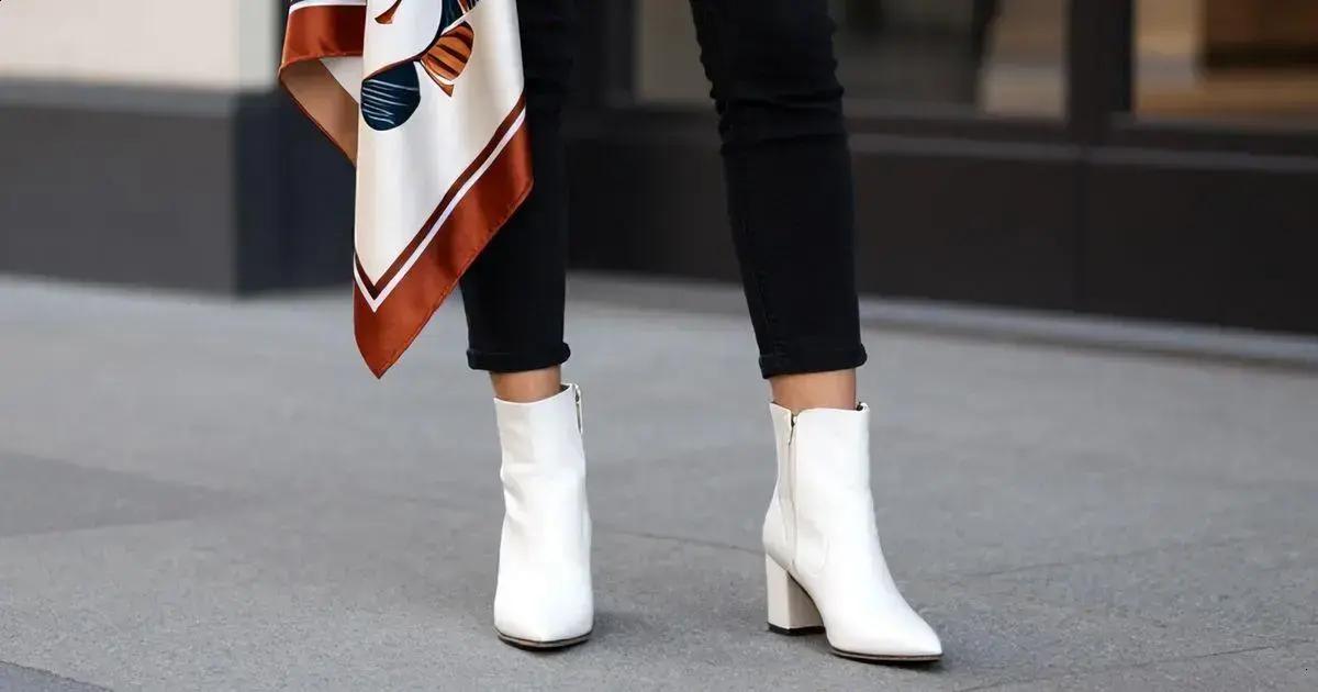 Dicas de uso do lenço de seda estampado com a Bota Bico Fino Feminina Branco Salto 10 cm Dicas de uso do lenço de seda estampado com a Bota Bico Fino Feminina Branco Salto 10 cm