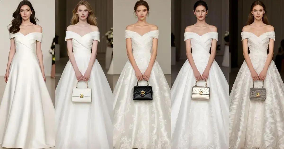 Inspirações de celebridades com vestidos de noiva ombro a ombro e carteiras femininas Inspirações de celebridades com vestidos de noiva ombro a ombro e carteiras femininas